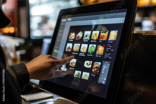 Customer uses a modern digital menu to select their desired dish in a fast food restaurant, enhancing the ordering experience photo