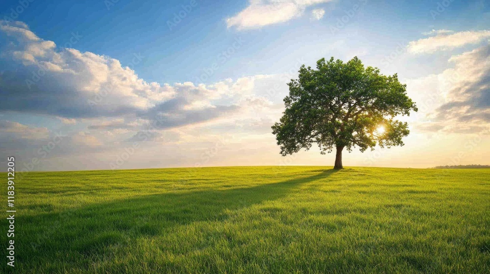 Obraz premium Majestic Tree on a Green Meadow Under a Bright Blue Sky