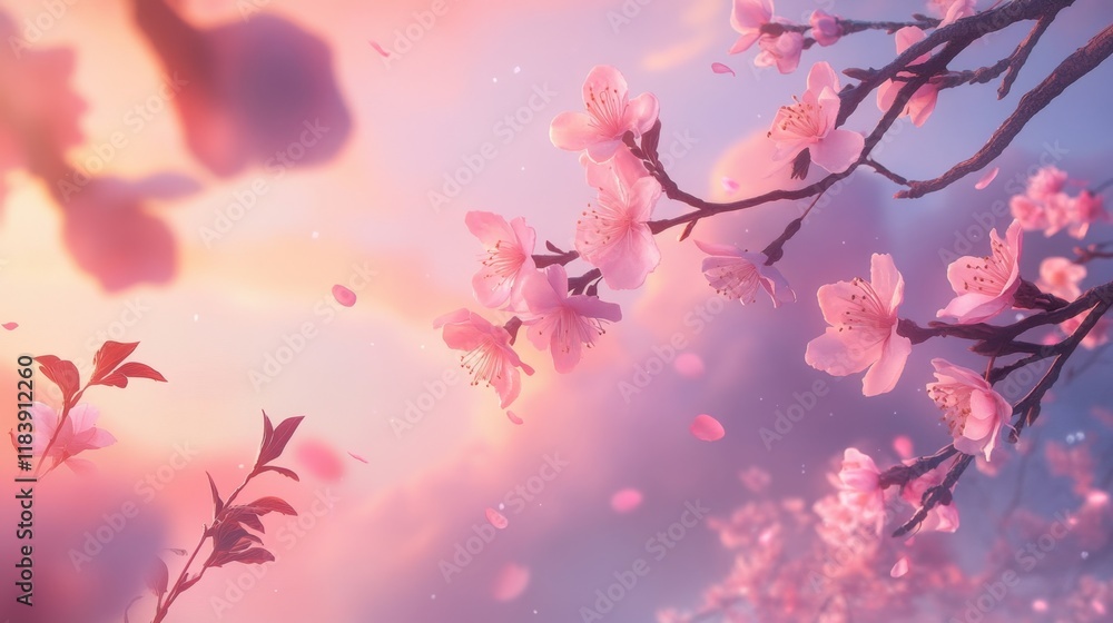Delicate Cherry Blossom Branches Under Soft Sunset Light Glow Delicate Cherry Blossom Branches Under Soft Sunset Light Glow