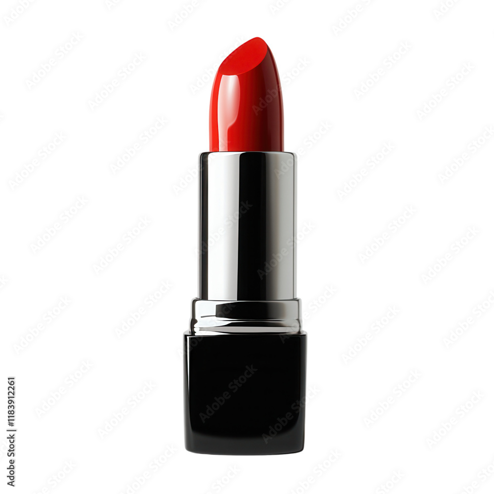 Obraz premium Vibrant red lipstick uncapped on a clean white surface, showcasing its glossy texture and bold color, perfect for beauty and cosmetics themes