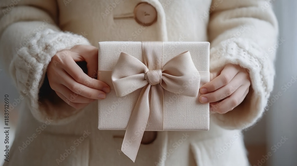 A close-up of hands untying the ribbon of an elegant gift box, revealing a cozy coat inside. A close-up of hands untying the ribbon of an elegant gift box, revealing a cozy coat inside.