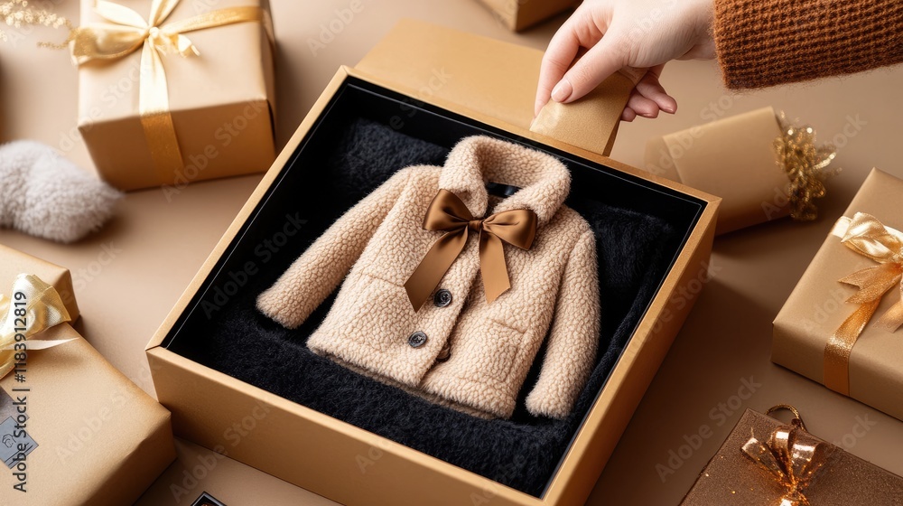 Fototapeta premium A close-up of hands untying the ribbon of an elegant gift box, revealing a cozy coat inside.