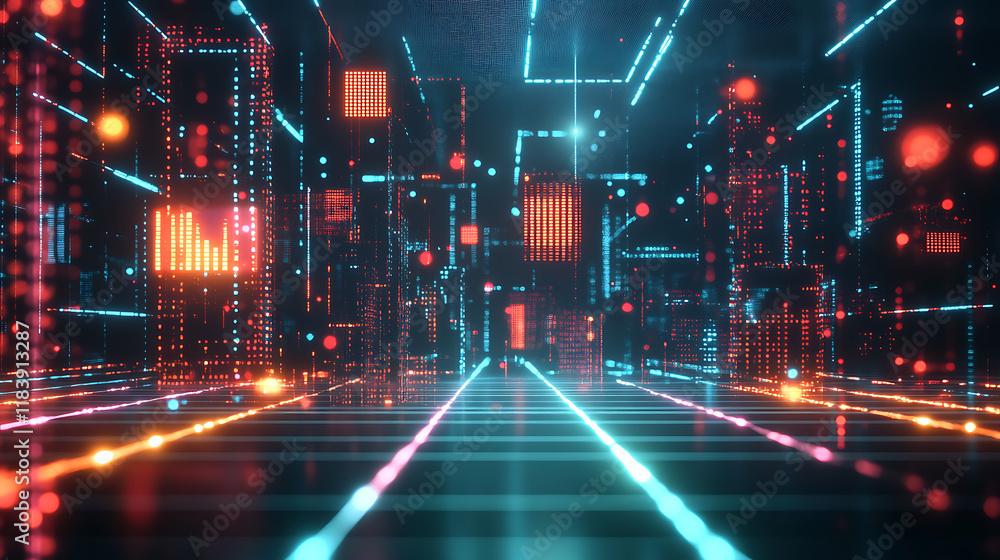 Fototapeta premium Digital art of glowing neon data points and pixelated code blocks floating in the air, representing digital innovation for virtual events and future technology use cases visualizations