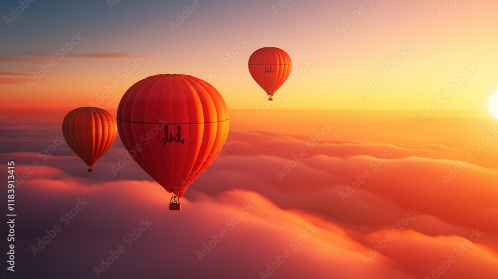 Fototapeta premium Hot air balloons flying above hills and mountains during sunrise with colorful skies.