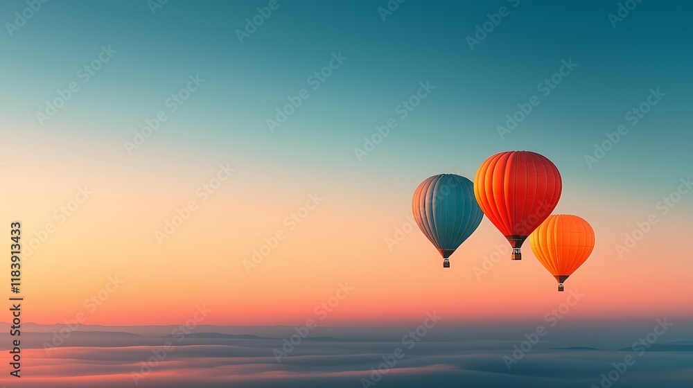Fototapeta Scenic sunrise with colorful hot air balloons flying