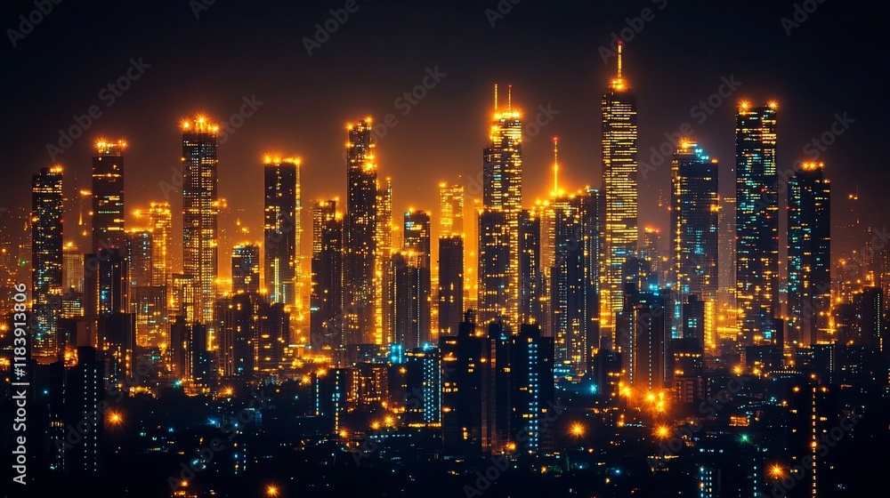 Fototapeta premium Night cityscape, golden skyscrapers, urban skyline, blurred background, panoramic view