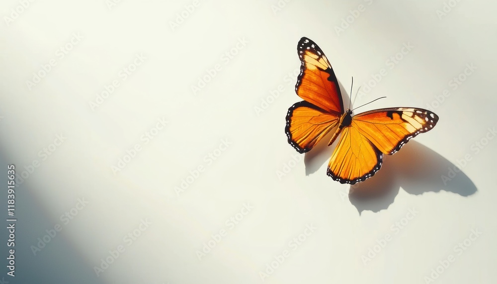 Fototapeta premium A vibrant orange monarch butterfly with open wings isolated against a bright white background