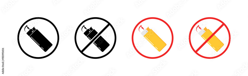 Lighter set icons. Prohibitory sign set icons. Flat and silhouette style. Vector icons. Lighter set icons. Prohibitory sign set icons. Flat and silhouette style. Vector icons.