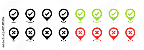 Map point set icons. Approval and disagree icons. Flat and silhouette style. Vector icons.