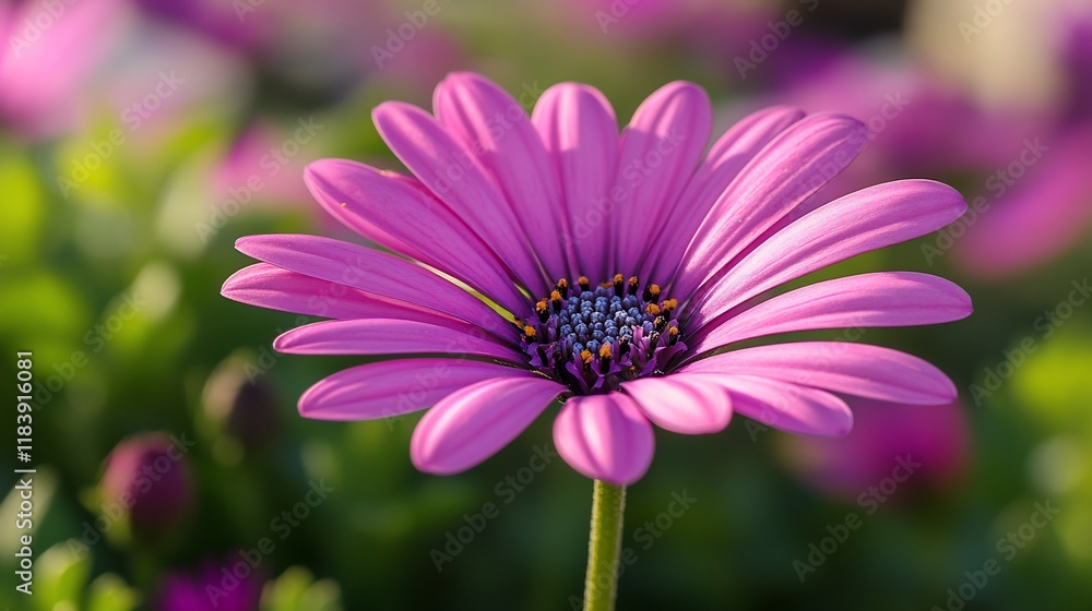 Fototapeta premium Pink Osteospermum bloom, garden closeup, blurred background, springtime