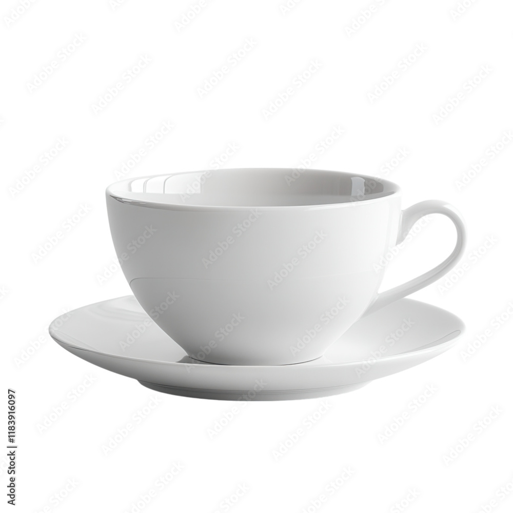Elegant white teacup and saucer set on pristine background, showcasing minimalist design and timeless simplicity Elegant white teacup and saucer set on pristine background, showcasing minimalist design and timeless simplicity