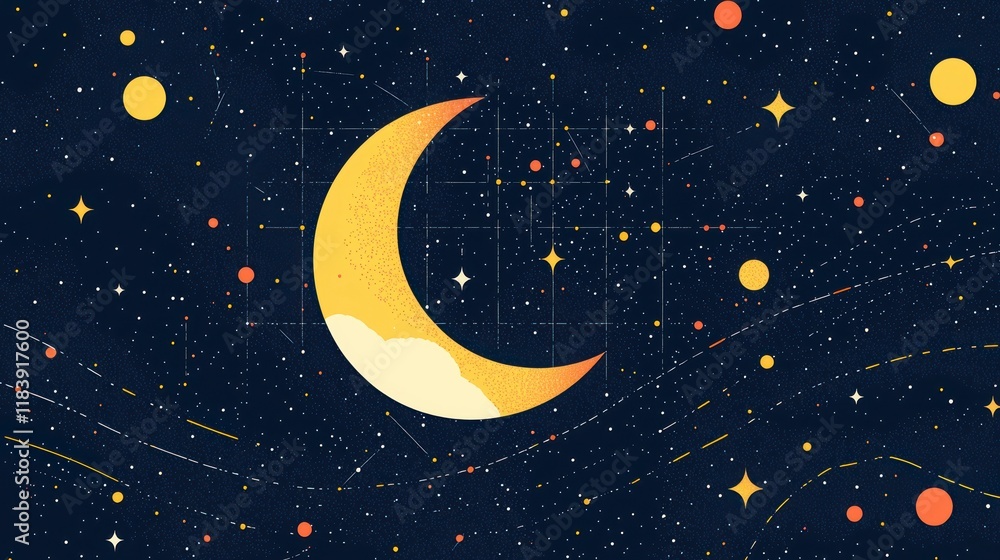Naklejka premium Celestial Night Sky with Crescent Moon and Colorful Stars