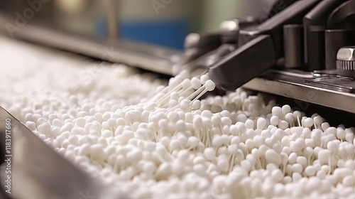 A team of workers inspecting cotton buds before they are packaged for shipment in a factory. photo