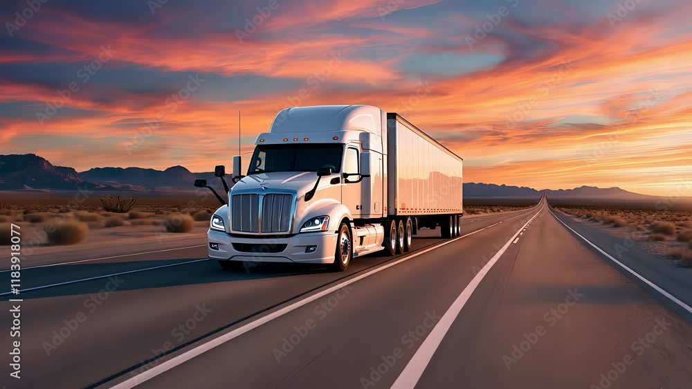White Semi-Truck Driving on Open Desert Highway at Sunset with Vibrant Sky and Empty Road in Scenic Transportation Scene
White Semi-Truck Driving on Open Desert Highway at Sunset with Vibrant Sky and Empty Road in Scenic Transportation Scene