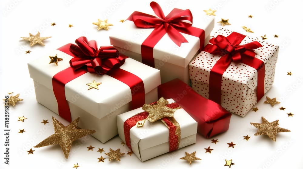 Red ribbon-wrapped gifts with gold stars. Red ribbon-wrapped gifts with gold stars.