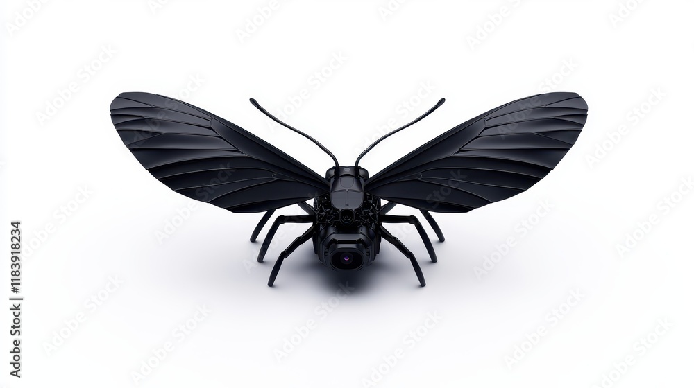 Obraz premium A detailed close-up of a black insect with prominent wings, showcasing its intricate textures and features against a simple background.