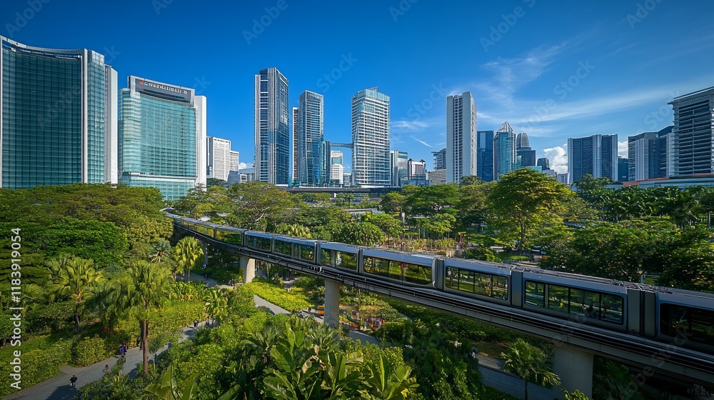 Elevated train traversing lush parkland against backdrop of modern cityscape under a vibrant blue sky. Elevated train traversing lush parkland against backdrop of modern cityscape under a vibrant blue sky.