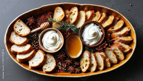 Artful Presentation of French Bread with Spices, Honey and Creamy Toppings in a Bowl photo