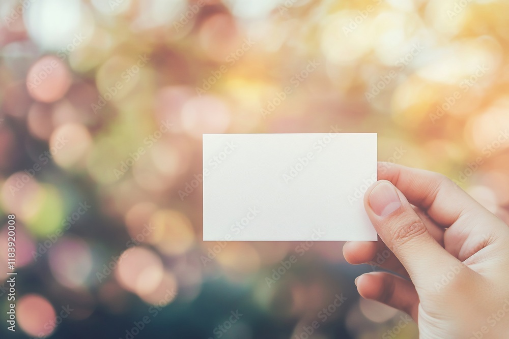 Hand holding blank white card, bokeh background. Hand holding blank white card, bokeh background.