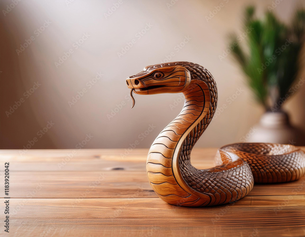 Fototapeta premium A detailed wooden cobra sculpture with intricate scales and raised hood sits on a wooden table with a small potted plant in the background. copy space