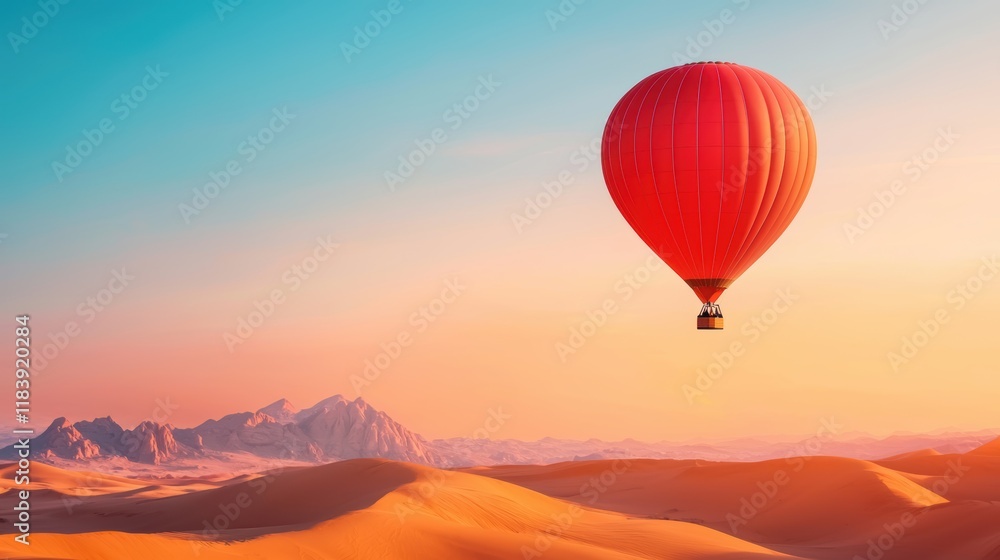 A hot air balloon floating above a desert landscape, emphasizing travel and adventure A hot air balloon floating above a desert landscape, emphasizing travel and adventure