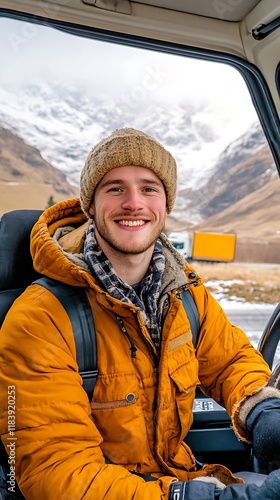 Confident driver in warm clothing standing by truck, Confident Driver in Warm Clothing Smiling in Nature photo