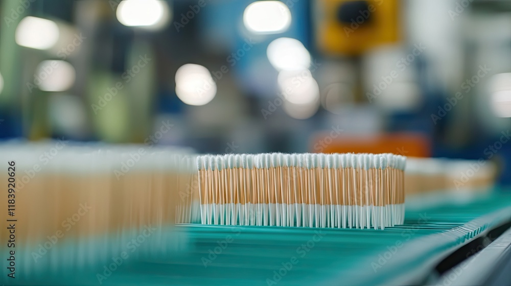 Close-up of cotton swabs being packaged in a factory setting, ready for distribution. Close-up of cotton swabs being packaged in a factory setting, ready for distribution.