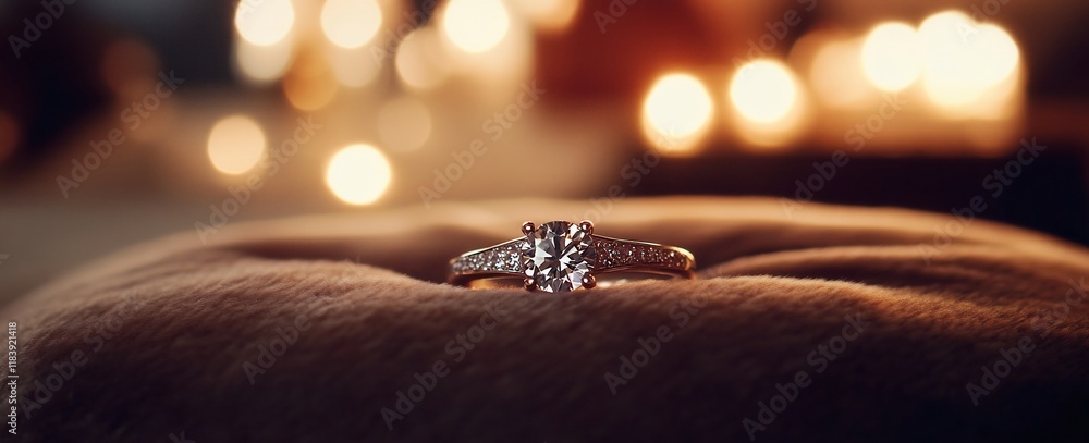 Obraz premium Diamond engagement ring on soft fabric with blurred candlelight background.