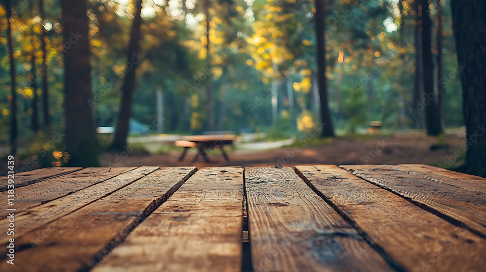 Rustic wooden tabletop at a campgrounds in the wood Rustic wooden tabletop at a campgrounds in the wood