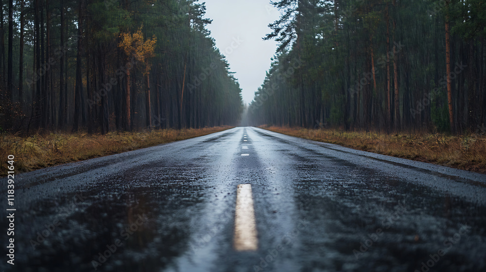 Obraz premium Straight asphalt road in the middle of the forest in rainy weather