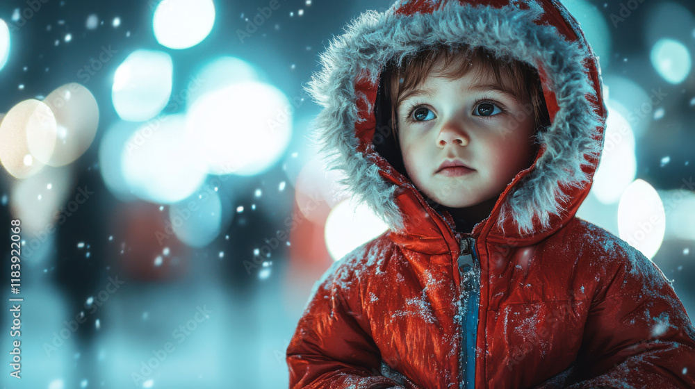 Winter Wonder: Child in Red Coat with Snowy Night Lights for Seasonal Greeting Cards Winter Wonder: Child in Red Coat with Snowy Night Lights for Seasonal Greeting Cards