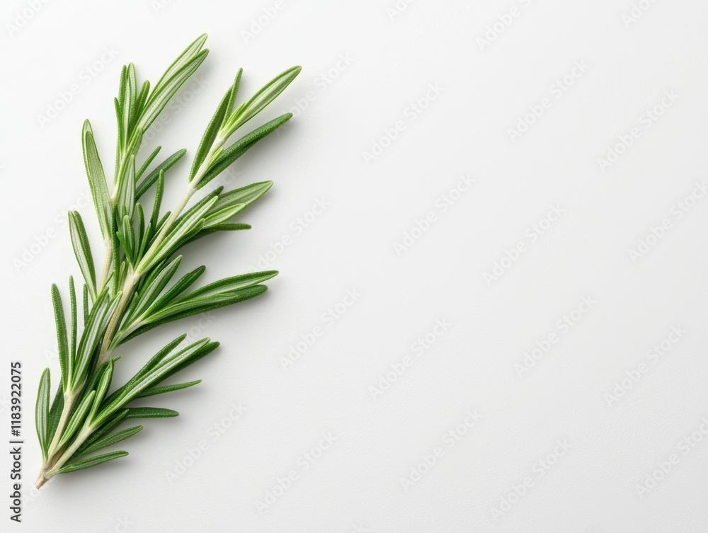A sprig of fresh rosemary or mint arranged neatly against a plain white background, emphasizing its fresh green tones A sprig of fresh rosemary or mint arranged neatly against a plain white background, emphasizing its fresh green tones