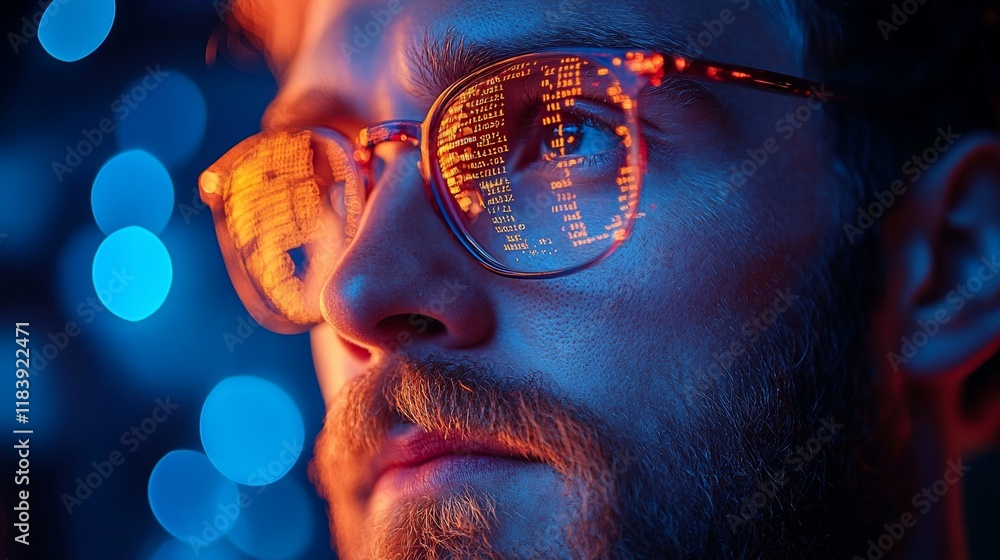 Focused programmer, night coding, glowing glasses, abstract background Focused programmer, night coding, glowing glasses, abstract background