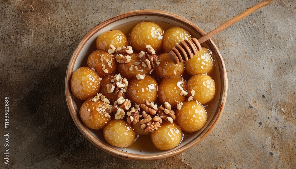 Fototapeta premium Delicious Greek Loukoumades Dessert in Bowl with Honey and Nuts