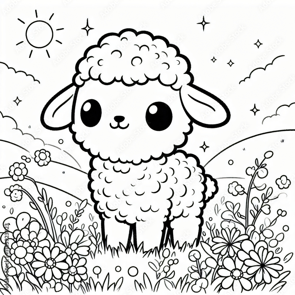 Obraz premium Black white lineart coloring book, cute animal character. Cute Cartoon Character with Big Eyes. Cute lillte sheep coloring book for kids and adult. Simple animal character for coloring book.