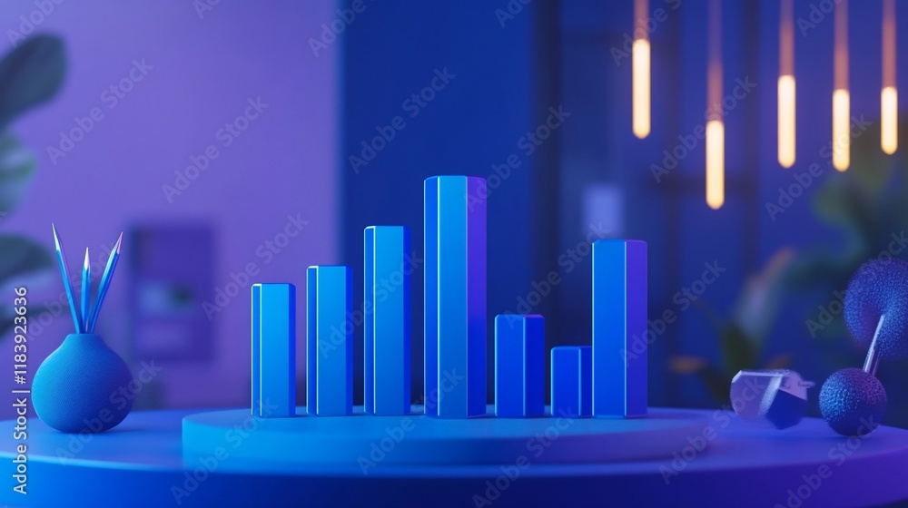 3D bar graph chart on a table, in a modern office setting with purple and blue lighting. 3D bar graph chart on a table, in a modern office setting with purple and blue lighting.