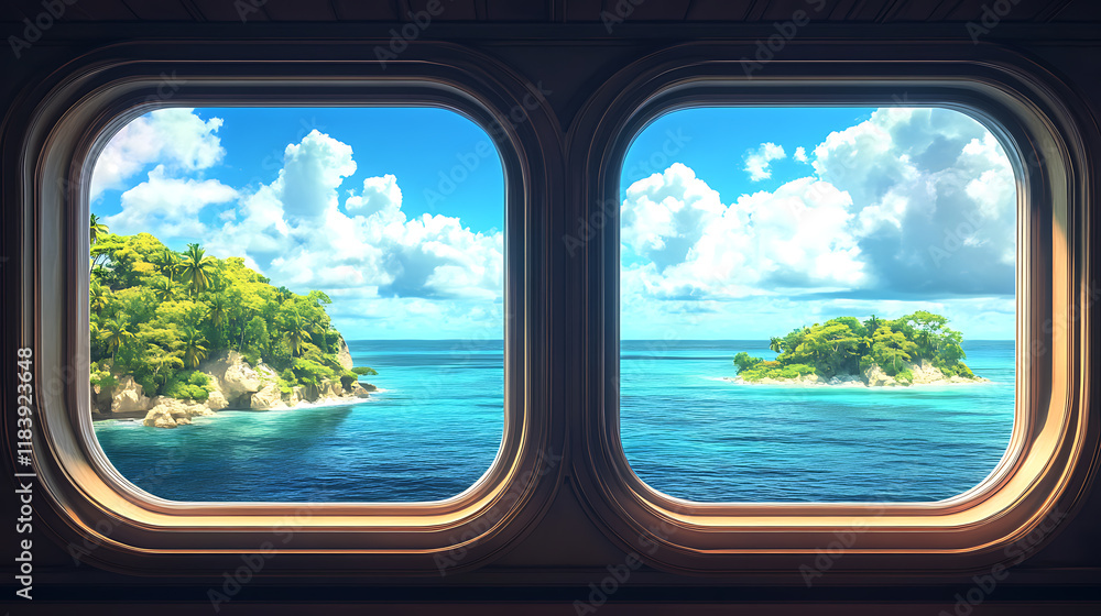 Naklejka premium Two ship windows overlooking an island or tropical sea, travel and adventure concept