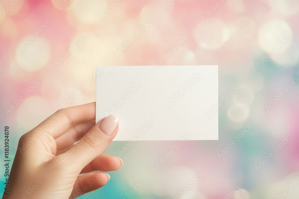 Woman's hand holding blank white card against pastel bokeh background.