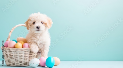 Adorable Puppy with Easter Egg Basket on Light Pastel Background