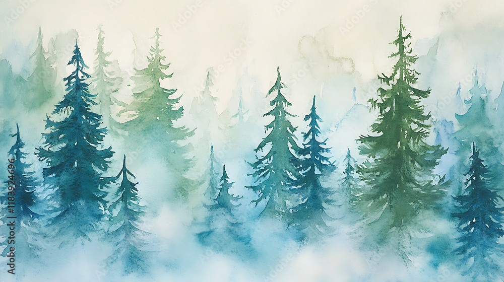 Obraz premium Watercolor winter scene with green and blue pine trees