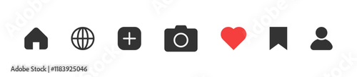 web icons set. home icon, website global icon, add plus new icon, photo camera icon, heart like love icon, bookmark save icon, user icon