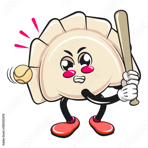 Cute gyoza dumpling vektor illustration mascot character playing baseball ready to hit the ball with the bat, Xiao Long Bao, Asian, Chinese food, work of hand drawn