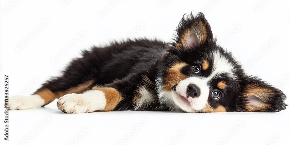 Fototapeta premium Adorable tri-color puppy lying down on white background.