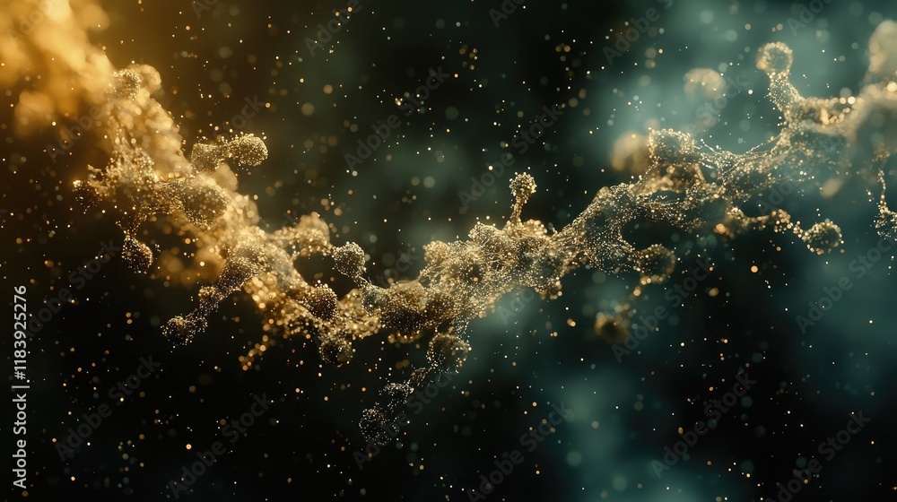 Fototapeta premium A dynamic visualization of molecular chains in a glowing golden and teal color scheme. Abstract representation of scientific innovation and biotechnology. Generative by AI.