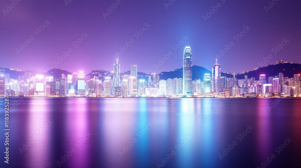 Fototapeta premium Vibrant City Skyline at Night with Reflections on Water.