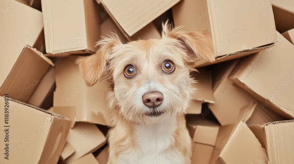 Fototapeta premium Playful Puppy Popping Out of Cardboard Boxes in Fun Moving Concept