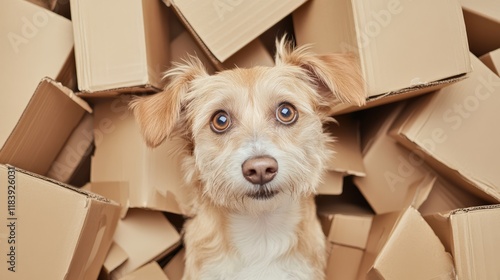 Playful Puppy Popping Out of Cardboard Boxes in Fun Moving Concept