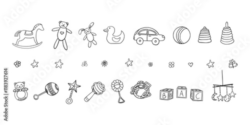 Set of children's toys for newborns in doodle style. Rattle, cubes, rabbit soft toy, bear soft toy,  pyramid, ball, machine. Baby shower. Toys for baby boys and girls. Hand drawn