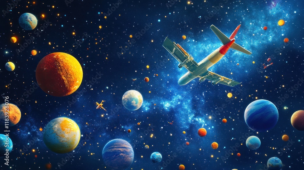 Naklejka premium Airplane flying through colorful space with planets.