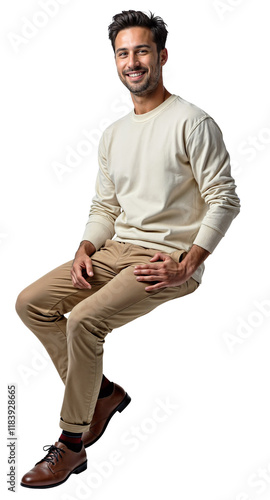 An Isolated sitting handsome young man wearing white sweater and beige chinos, isolated over transparent background, PNG cut-out	